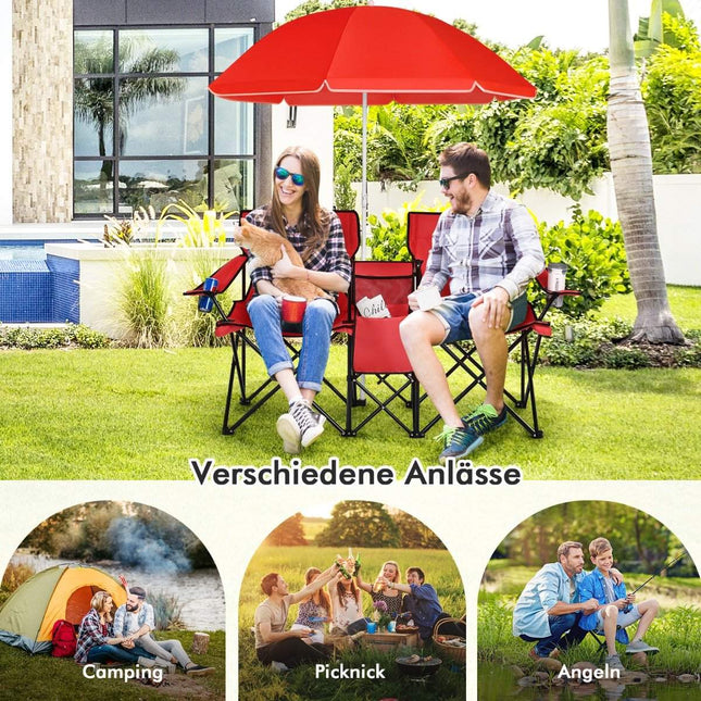 2-Sitzer Campingstuhl mit Sonnenschirm Klappbarer Angelstuhl mit Tragetasche Rot