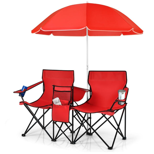 2-Sitzer Campingstuhl mit Sonnenschirm Klappbarer Angelstuhl mit Tragetasche Rot
