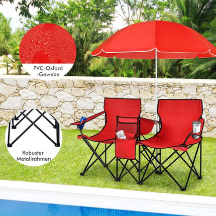 2-seater camping chair with parasol folding fishing chair with carry bag red