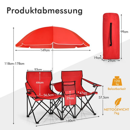 2-seater camping chair with parasol folding fishing chair with carry bag red
