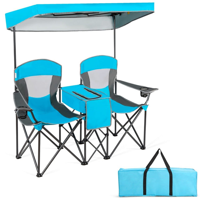 2-Sitzer Campingstuhl mit Sonnenschutz Minitisch Klappbarer Angelstuhl mit Tragetasche 166 x 71 x 151 cm Blau