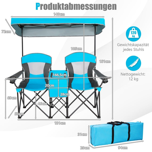2-Sitzer Campingstuhl mit Sonnenschutz Minitisch Klappbarer Angelstuhl mit Tragetasche 166 x 71 x 151 cm Blau