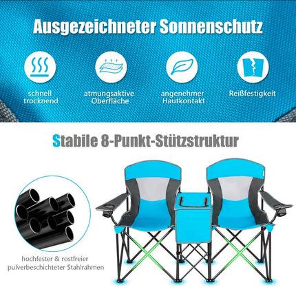 2-Sitzer Campingstuhl mit Sonnenschutz Minitisch Klappbarer Angelstuhl mit Tragetasche 166 x 71 x 151 cm Blau