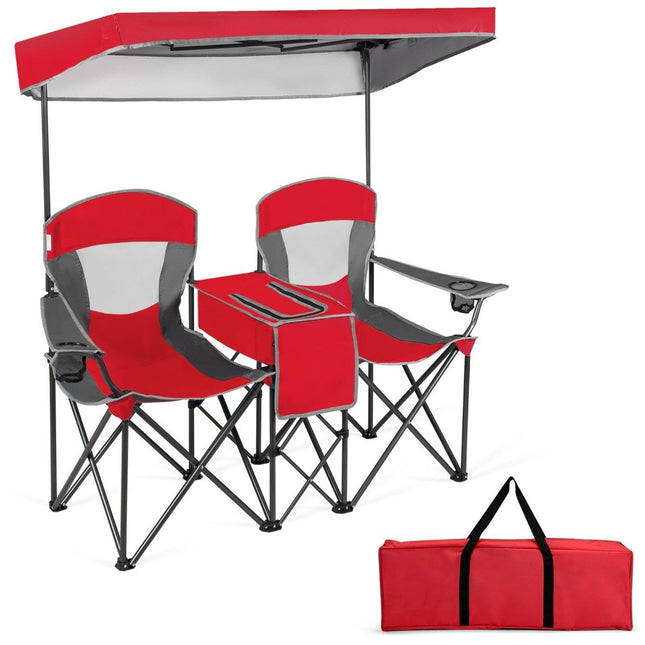 2-Sitzer Campingstuhl mit Sonnenschutz Minitisch Klappbarer Angelstuhl mit Tragetasche 166 x 71 x 151 cm Rot