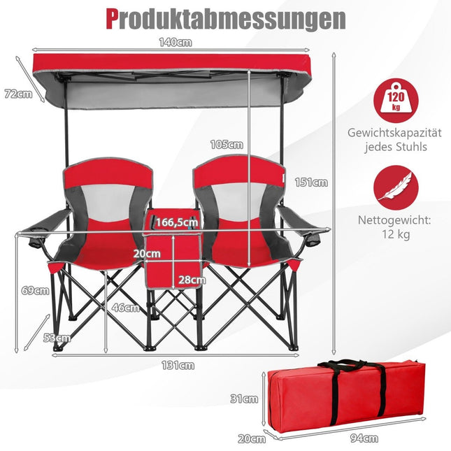 2-Sitzer Campingstuhl mit Sonnenschutz Minitisch Klappbarer Angelstuhl mit Tragetasche 166 x 71 x 151 cm Rot