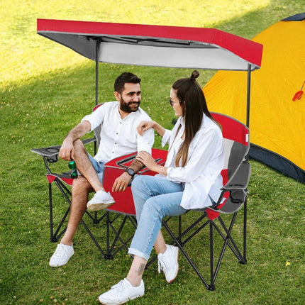 2-Sitzer Campingstuhl mit Sonnenschutz Minitisch Klappbarer Angelstuhl mit Tragetasche 166 x 71 x 151 cm Rot