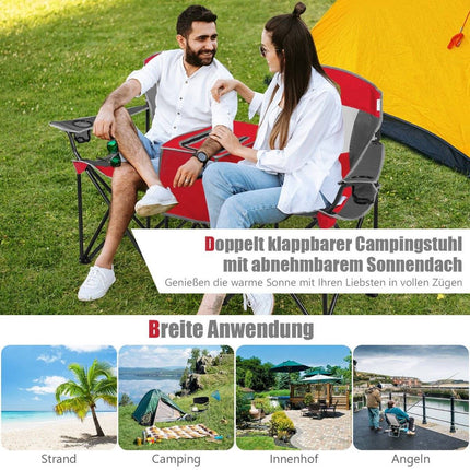 2-Sitzer Campingstuhl mit Sonnenschutz Minitisch Klappbarer Angelstuhl mit Tragetasche 166 x 71 x 151 cm Rot
