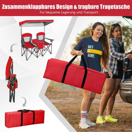 2-Sitzer Campingstuhl mit Sonnenschutz Minitisch Klappbarer Angelstuhl mit Tragetasche 166 x 71 x 151 cm Rot