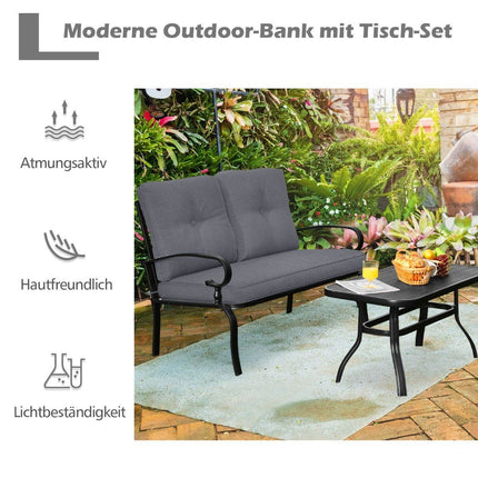 2-Sitzer Gartenbank mit Couchtisch Bank mit Kissen grau &amp; schwarz