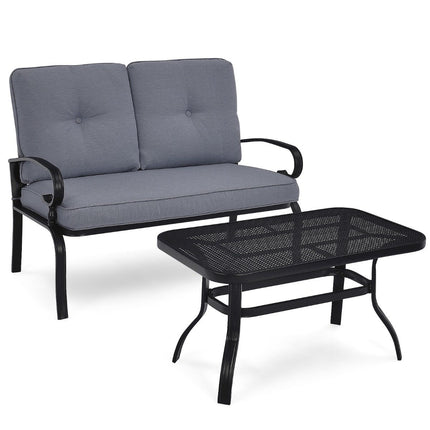2-Sitzer Gartenbank mit Couchtisch Bank mit Kissen grau &amp; schwarz