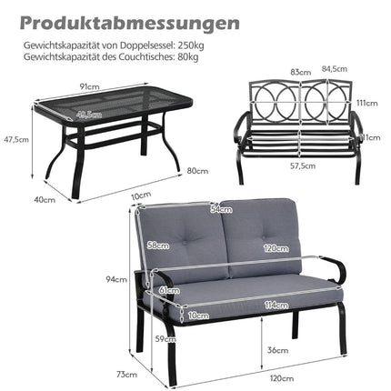 2-Sitzer Gartenbank mit Couchtisch Bank mit Kissen grau &amp; schwarz