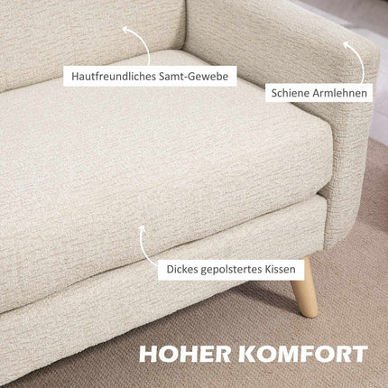 2-Sitzer-Samtsofa, beige – bequeme Kissen und Holzbeine