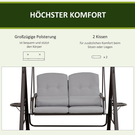 2-Sitzer-Gartenschaukel mit Dach und Kissen, graues Metall