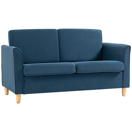 Zweisitziges blaues Leinensofa mit Holzbeinen, gepolsterte Sitzfläche