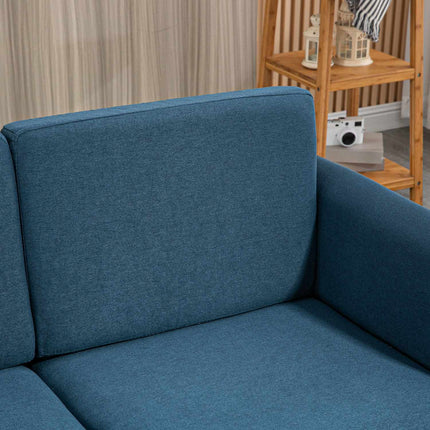 Zweisitziges blaues Leinensofa mit Holzbeinen, gepolsterte Sitzfläche