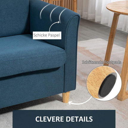 Zweisitziges blaues Leinensofa mit Holzbeinen, gepolsterte Sitzfläche