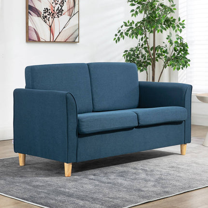Zweisitziges blaues Leinensofa mit Holzbeinen, gepolsterte Sitzfläche