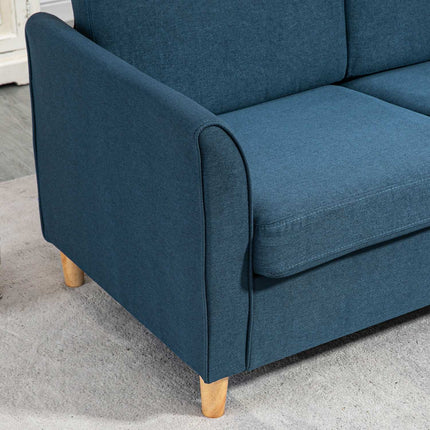 Zweisitziges blaues Leinensofa mit Holzbeinen, gepolsterte Sitzfläche