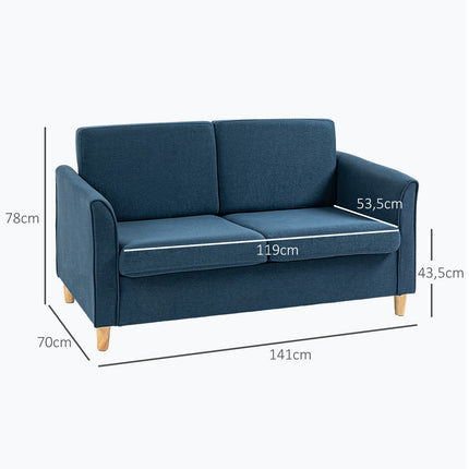 Zweisitziges blaues Leinensofa mit Holzbeinen, gepolsterte Sitzfläche
