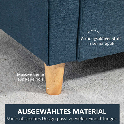 Zweisitziges blaues Leinensofa mit Holzbeinen, gepolsterte Sitzfläche