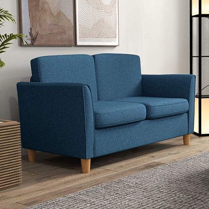 Zweisitziges blaues Leinensofa mit Holzbeinen, gepolsterte Sitzfläche