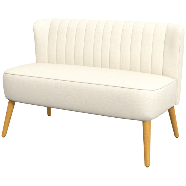 Cremeweißes 2-Sitzer-Sofa mit Holzfüßen, Leinenoptik