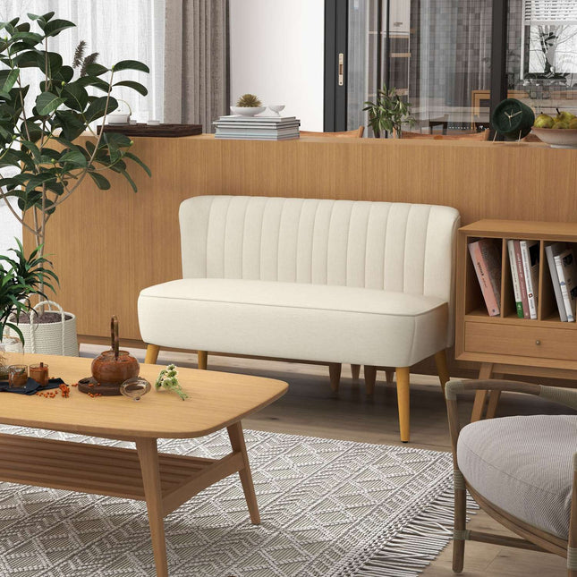 Cremeweißes 2-Sitzer-Sofa mit Holzfüßen, Leinenoptik