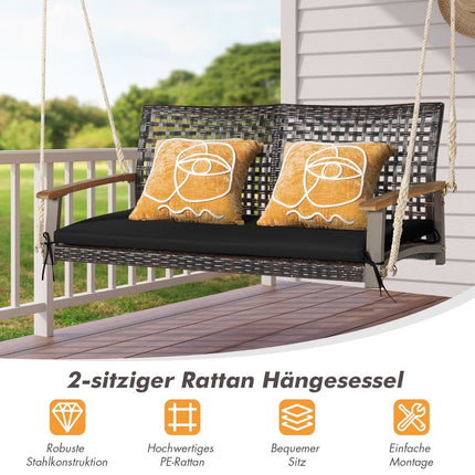 2-Sitzer Hollywoodschaukel mit Auflagen PE-Rattan Hängebank bis 360 kg Gartenschaukel Schwarz