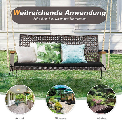 2-Sitzer Hollywoodschaukel mit Auflagen PE-Rattan Hängebank bis 360 kg Gartenschaukel Schwarz