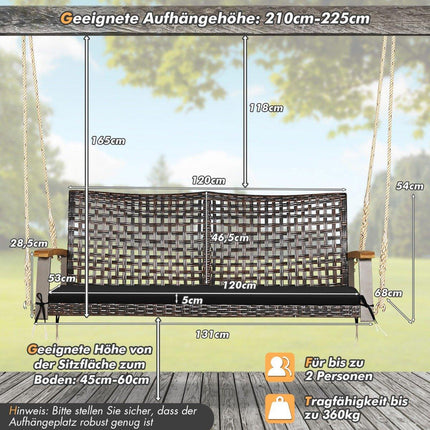 2-Sitzer Hollywoodschaukel mit Auflagen PE-Rattan Hängebank bis 360 kg Gartenschaukel Schwarz