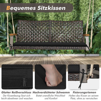 2-Sitzer Hollywoodschaukel mit Auflagen PE-Rattan Hängebank bis 360 kg Gartenschaukel Schwarz