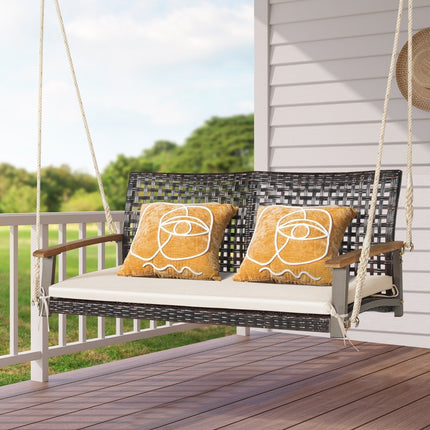 Banc pivotant 2 places avec coussins Banc suspendu en rotin PE jusqu'à 360 kg Balançoire de jardin blanche