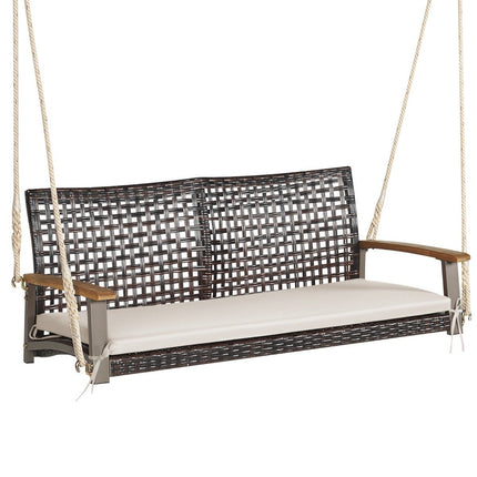 Banc pivotant 2 places avec coussins Banc suspendu en rotin PE jusqu'à 360 kg Balançoire de jardin blanche