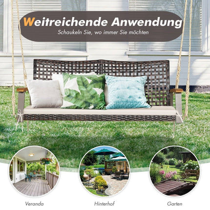 Banc pivotant 2 places avec coussins Banc suspendu en rotin PE jusqu'à 360 kg Balançoire de jardin blanche