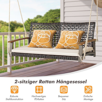 Banc pivotant 2 places avec coussins Banc suspendu en rotin PE jusqu'à 360 kg Balançoire de jardin blanche