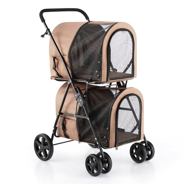 2 Etagen Hundebuggy bis 16 kg Hundebuggy mit Netzfenstern Getränkehalter Beige