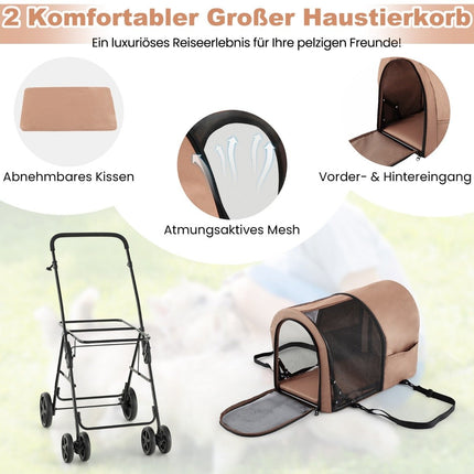 2 Etagen Hundebuggy bis 16 kg Hundebuggy mit Netzfenstern Getränkehalter Beige