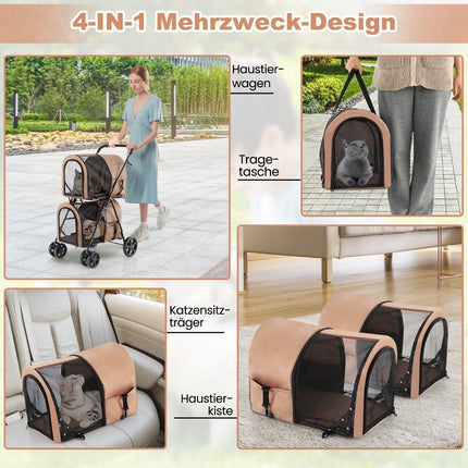 2 Etagen Hundebuggy bis 16 kg Hundebuggy mit Netzfenstern Getränkehalter Beige