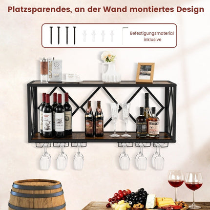 2-stöckiges Weinregal an der Wand mit Metallrahmen und 6 Reihen Weinglashalter aus Holz, Flaschenregal