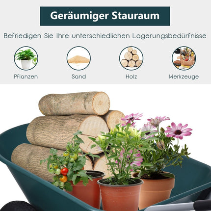 2-rädrige Gartenschubkarre mit Schwerlastschublade, 145 x 65 x 65 cm, grün