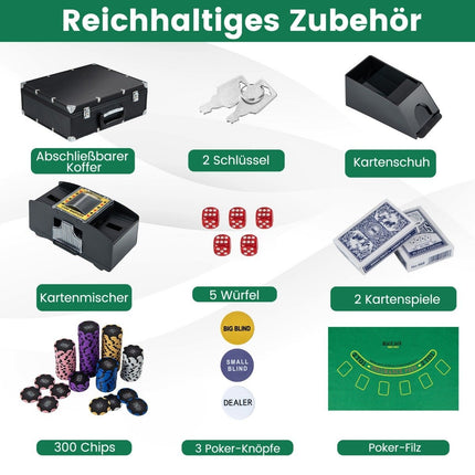 300-teiliges Pokerset mit Koffer, Kartenmischgerät, 2 Decks