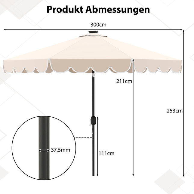 300 cm beigefarbener Terrassenschirm mit Solar-LED-Leuchten