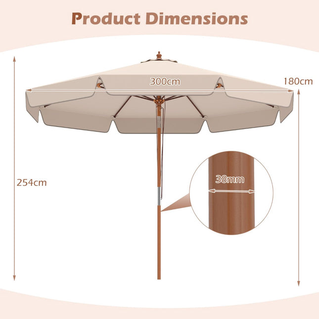 300 cm beiger Sonnenschirm mit Kippfunktion und Holzstange