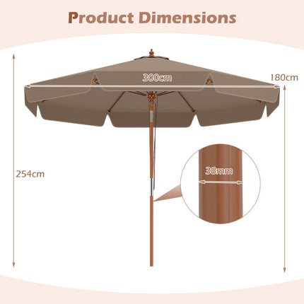 300 cm brauner Sonnenschirm mit Kippfunktion und Holzstange