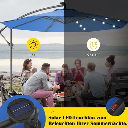 LED slunečník na terasu 300cm se solárními světly, modrý