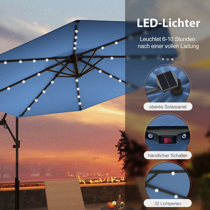 Slunečník na terasu 300 cm s 32 solárními LED světly, modrý