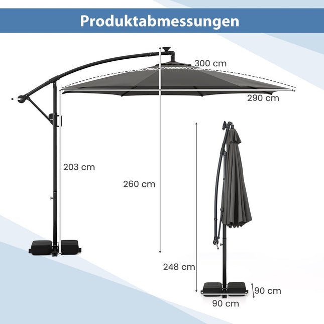 300 cm Sonnenschirm mit LED-Beleuchtung, neigungsverstellbar