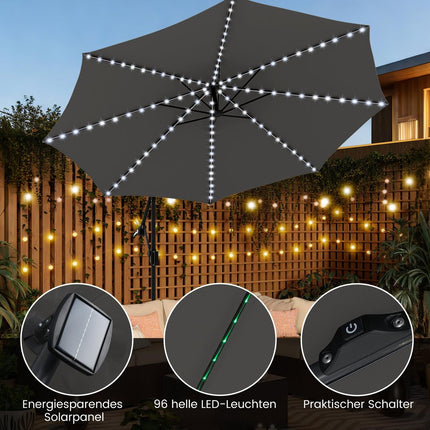 300 cm Sonnenschirm mit LED-Beleuchtung, neigungsverstellbar