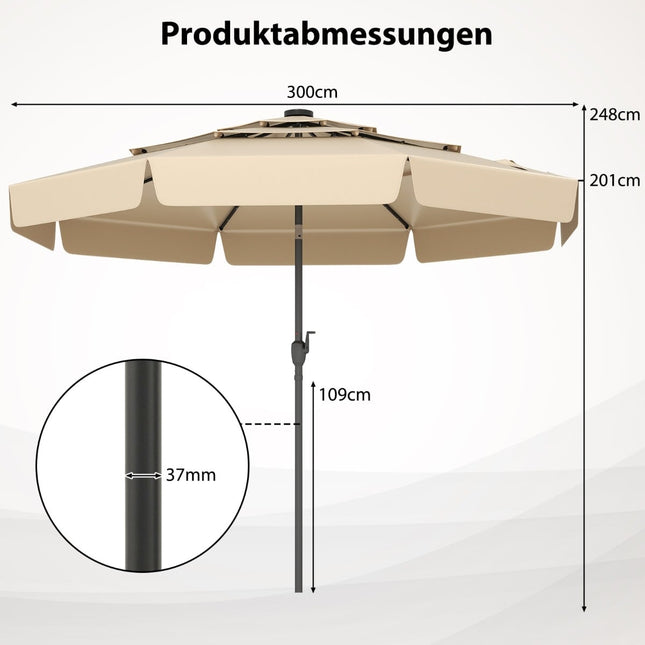 300 cm Sonnenschirm mit Solar-LED-Beleuchtung, Beige