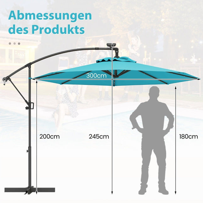 300 cm Ampelschirm mit Solar-LED-Beleuchtung und Kurbel